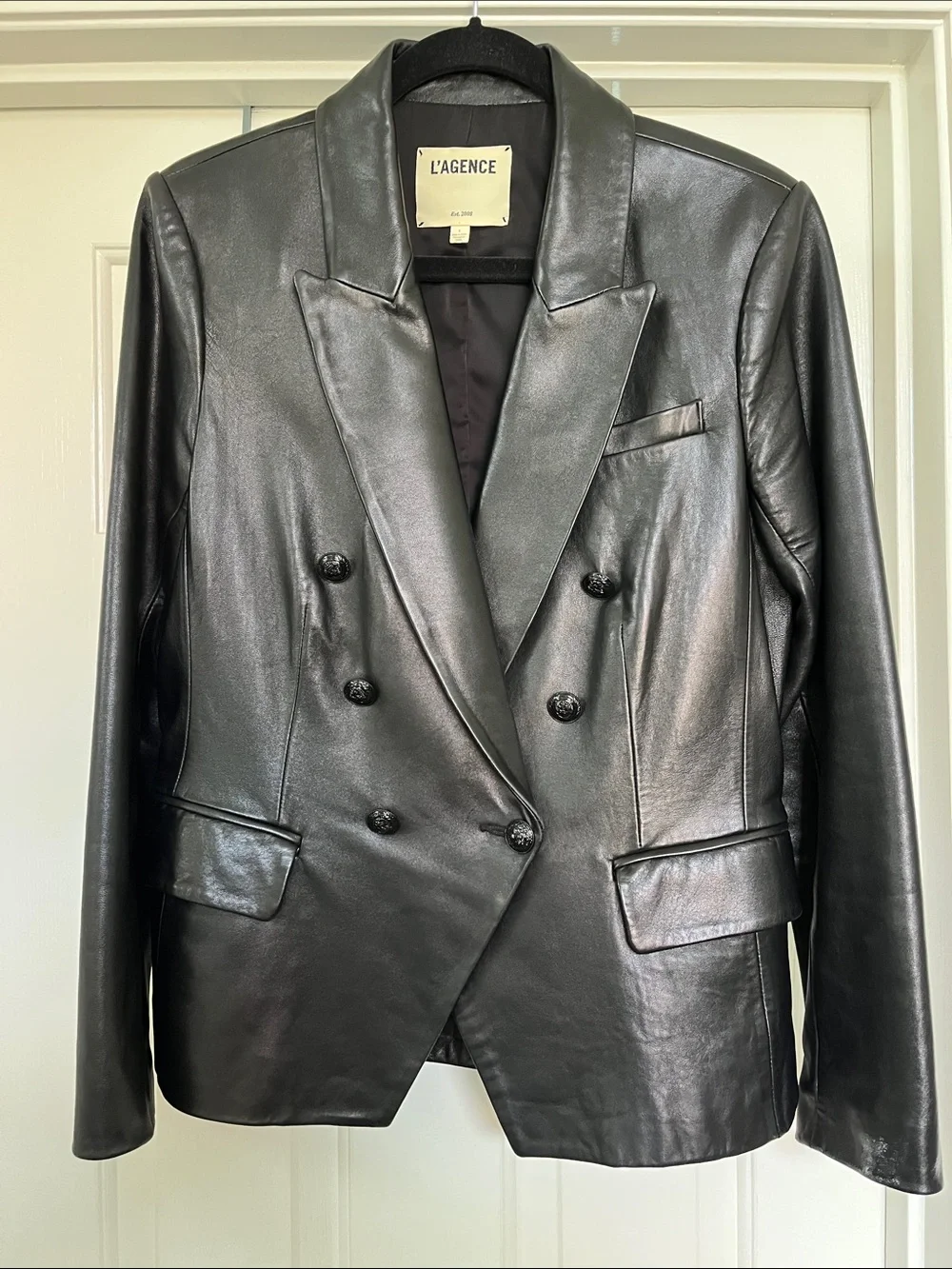 L'AGENCE Black Double-Breasted Leather Blazer Jacket